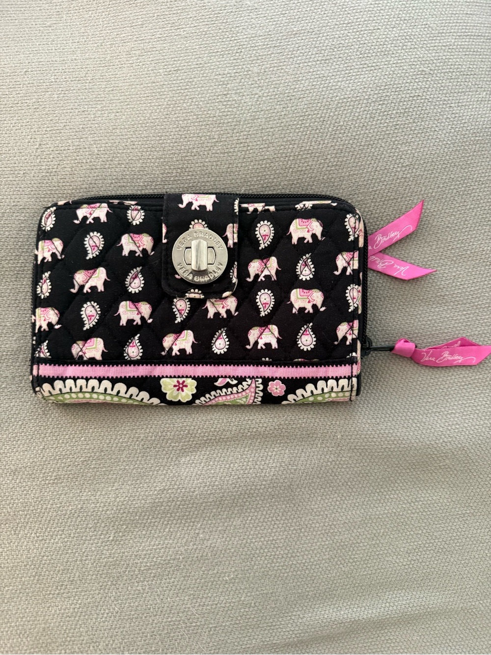 Vera Bradley Black Quilted Wallet with Pink Elephant Print